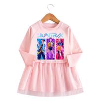 Girls Kpop Rumi Zoey Mira Hunters Print Fashion Cute Pleat Mesh Dress 90cm