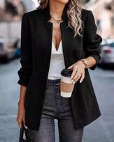 Women's Stand Collar Long Sleeve Herringbone Blazer Slim Fit Streetwear Tweed Jacket S black