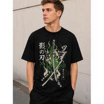 Men's black short sleeve t-shirt with Japanese katana graphic print, crew neck, relaxed fit, soft cotton feel, streetwear style for casual daily wear S juoda