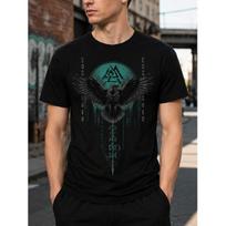 Men's Black Short Sleeve T-Shirt with Norse Raven Graphic, Crew Neck, Soft Cotton Feel, Mythology Art Style, Casual Streetwear Fit for Daily Wear S juoda