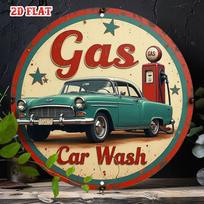 Vintage Retro Gas Station Classic Car Round HD Metal Wall Art  Americana Garage Decor Tin Sign for Home and Cafe 20x20cm(8x8inch)