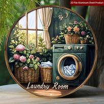 Vintage Laundry Room with Washing Machine and Hydrangeas Round HD Metal Wall Art  Rustic Farmhouse Metal Sign for Home and Gard 20x20cm(8x8inch)