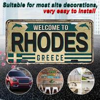 Welcome to Rhodes Greece Vintage Metal Sign Wall Decor Rustic Distressed Design Dust  Waterproof Ideal for HomeOffice Bar 15x30cm(5.9x7.8inch) beige