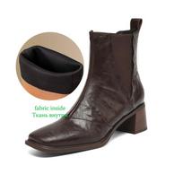 Krazing Pot Sheepskin Square Toe Med Heels Chelsea Boots Size 42 Zip Women Pleated Decoration Vintage Ankle Boots 34