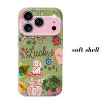 Vintage Lucky Collage Maneki Neko Four Leaf Clover Ladybug Rainbow Pattern Shockproof Phone Case Good Fortune Gift For iPhone 17 16 15 14 13 12 11 IPHONE17PROMAX