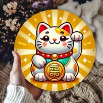 Lucky Maneki Neko Fortune Cat Round Metal Tin Sign D Flat Japanese Good Luck Wall Plaque For Home Decor 20x20cm(8x8inch)
