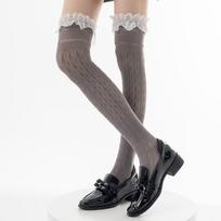 Women Stockings Lolita Girls Thigh High Socks Japanese Style Heart Striped Hollow Lace Over Knee Long Stocking Ruffle Frilly Sox 39 pilka spalva