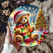 Cute Christmas Teddy Bear with Lights Round Metal Sign D Flat Printed Festive Winter Scene Art Tin Plaque Cozy Santa Hat Bear 20x20cm(8x8inch)