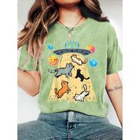 Women's Summer Clothing UFO Adopt the cute cat print round-neck short-sleeve shirt T Shirt Comfortable, soft, stylish, elegant, party-ready, vintage, S žolės žalia spalva