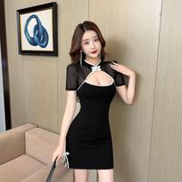 Retro national style, sexy off-the-shoulder modified cheongsam, small black dress, thin hip skirt, split-ended black dress, female summer S balta