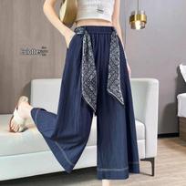 Dark Blue Ice Silk High-Waisted Skirt Shorts for Women with Free Belt - Summer 2026, Lazy Style, Slimming, Seven-Point Length 2XL