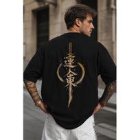 Men's Oversized Black Tee with Japanese Katana & Kanji Back Print, Soft Cotton, Short Sleeve, Crew Neck, Streetwear Style for Casual Daily Wear S juoda