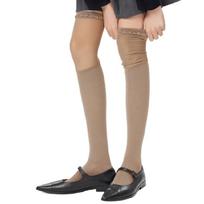 Student Solid Color Thigh High Stockings for Women Japanese Sheer Mesh Splicing Ruffle Frilly Trim Over Knee Long Socks chaki
