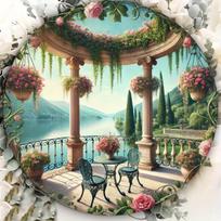 plaintextVintage Italian Lake View Gazebo Round Metal Sign Romantic Floral Balcony Art Tin Plaque Retro Garden Home Wall Deco 20x20cm(8x8inch)