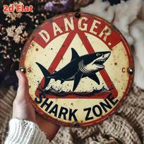 Acrylic Painting Vintage Rustic Danger Shark Zone Sign with Great White Shark Illustration Retro Nautical Beach Decor Wall Art f 20x20cm(8x8inch)