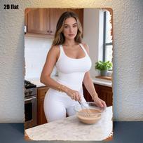 D Flat Sexy Kitchen Girl Metal Sign Baking Cooking Girl White Tank Top Vintage Tin Poster Cafe Home Decor Gift 20x30cm（7.8x11.8inch）