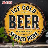 D Flat Metal Sign Retro Vintage Ice Cold Beer Metal Sign Grunge Rusty Round Tin Plaque Funny Alcohol Bar Poster Classic Ame 20x20cm(8x8inch)