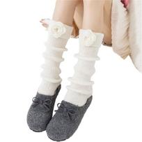 Elegant 3D Flower Leg Warmers Soft Acrylic Ribbed Knit Turn Cuffs Leg Covers Calf Length Footless Socks for Women balta
