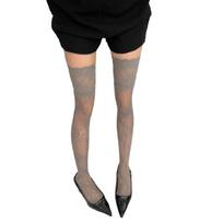 Elastic Nylon Thigh High Socks Vintage Floral Lace Fishnet Design Over Knee Stockings For Women Daily and Party Hosiery pilka spalva