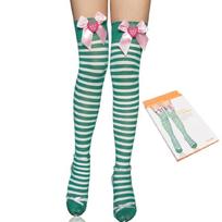 Strawberry Ribbon Bowknot Decorated Thigh High Long Socks for Women Striped Over the Knee Stockings Cosplay Hosiery