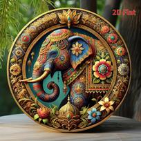 Ornate Indian Elephant Mandala Round Metal Sign D Flat Printed Colorful Floral Traditional Art Tin Plaque Bohemian Spiritual 20x20cm(8x8inch) black