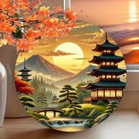 Vintage Japanese Landscape Mount Fuji Pagoda Sunset Metal Tin Sign Retro Asian Scenery Wall Art Decor for Home Living Room Bedro 20x30cm（7.8x11.8inch）