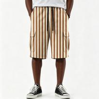 Men's Casual Striped Print Drawstring Shorts with Multiple Pockets Knee Length L ruda