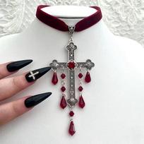 Vintage Red Velvet Gothic Large Cross Choker Necklace for Women Y2K Fashion Accessory