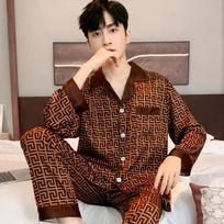 Pajamas Men Spring Summer Thin Ice Silk Luxurious Loose Fitting Home Wear Suit Male Satin Pyjamas Set Night Sleep-Suit Gentlemen L 60-70 KG