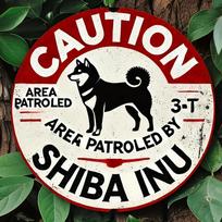D Flat pc Vintage Shiba Inu Patrol Metal Sign  Beware of Dogs Warning Decoration Rustproof Iron Round Wall Art with CAUTION 20x20cm(8x8inch)