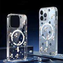 Blue Floral Magnetic Transparent Case for iPhone 15/16/17 Pro Max Galaxy S24 skaidri