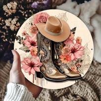 Cowboy Hat Boots Pink Floral Western Art Tin Sign  Vintage Durable Metal Plaque Wall Decor Boho Country Home Office Wall Art 20x20cm(8x8inch)
