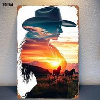 D Retro Metal Sign Double Exposure Cowgirl Silhouette Sunset Horses Vintage Western Wall Art Home Bar Decor 20x30cm（7.8x11.8inch）