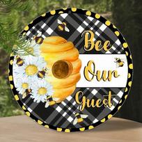 Bee Our Guest Bumblebee Hive  Daisy Round Metal Sign D Flat Printed Plaid Pattern Welcome Tin Plaque Rustic Farmhouse Fron 20x20cm(8x8inch)