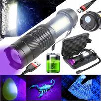 UV LED žibintuvėlis 5W 395nm COB su įkraunama baterija USB 2-in-1 RT0328 komplektas su dėklu