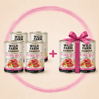 WILD FARM PURE MONO Kiauliena, obuoliai ir kinoa vienos rūšies baltymų šunų maistas 4x400g + 2x400g NEMOKAMAI