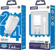 „Jellico“ įkroviklis JELLICO TINKLO ĮKROVIKLIS EU01 2,4 A  USB + MICRO USB KABELIS KOMPLEKTAS, baltas, standartinis