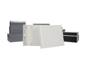 FLAME-RETARDANT INSTRUMENTAL ENCLOSURE - LIGHT GREY TOP WITH BLACK END PANELS -140 x 110 x 35 mm