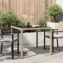 Sodo stalas, smėlio, 90x90x75cm, grūdintas stiklas/poliratanas