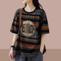 Fashion O-Neck Printed Letter Striped T-Shirts Women's Clothing Spring Summer Loose Casual Tops All-match Tee Shirts XXXXL juoda