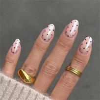 24 Pieces Glossy Oval Press On Nail Short Matte Coffee Dots False Nail for Women and Girls Holiday Nail 1