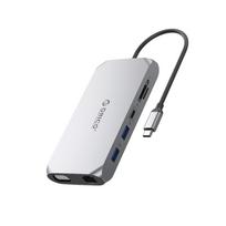 Orico XCR 12-in-1 USB-C prijungimo stotelė 3x USB-A 3.1 1x USB-A 2.0 1x USB-C PD 100W 1x USB-C 3.1 1x HDMI 1.4 4K 30 Hz 1x VGA 1080p 1x SD 3.0 1x microSD 3.0 1x RJ45 Gigabit Ethernet 1x audio CTIA 3.5 mm – Pilka