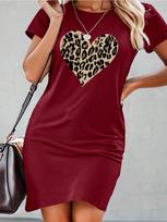 New Summer Women Clothing Love Leopard Print Casual Slim Fit Short Sleeve Round Neck Short Wine Red Knee-length Dress S