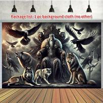 2D Norse Mythology Odin Backdrop, Allfather Throne with Wolves & Ravens 47.2x31.5inch/120*80cm