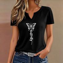 Fashion Vintage Butterfly T-shirt V Neck Casual T Shirts Women Short Sleeve Tee Shirt V-Neck Summer Spring Shirt L white