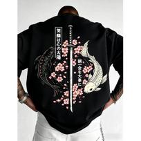 Men's Japanese Koi Fish & Katana Graphic Sweatshirt, Long Sleeve Crewneck Pullover with Cherry Blossom Print, Soft Cotton Blend for Casual Streetwear S juoda