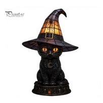 Spooky Home Decor Light Halloween Witch Cat Night Light, Resin Table Lamp with Warm Mantelpiece Glow, Gothic for Bedroom Shelf, Gift Cozy Fall S black