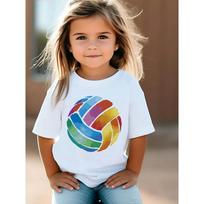 European sizes Girls' Summer Short-sleeved T-shirt, Colorful Volleyball Print Round Neck Top, Short-sleeved Casual Top, Suitable for Casual Wear 98cm balta