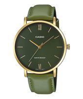 CASIO kvarcinis vyriškas laikrodis MTP-VT01GL-3B Auksinis Žalias odinis dirželis Užjūrio modelis