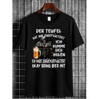 Men's black short sleeve t-shirt with grim reaper beer graphic, crew neck, relaxed fit, soft cotton feel, humorous german text design for casual wear S juoda